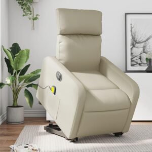 Massagestol med løftefunktion kunstlæder cremefarvet
