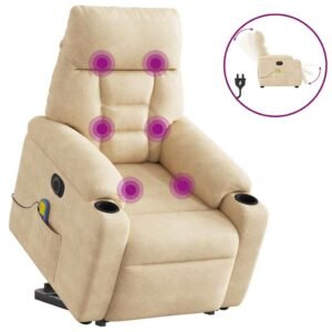 Massagestol med løftefunktion mikrofiberstof cremefarvet