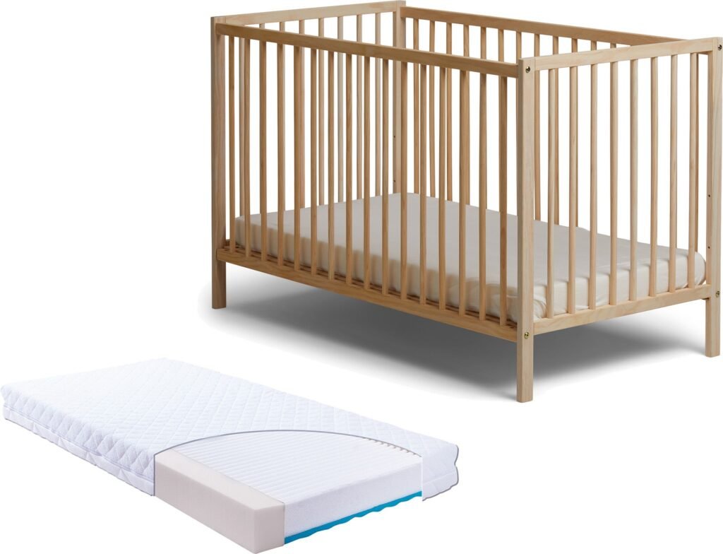 JLY SIGNE Classic Tremmeseng med BabyMatex Carpathia Madras 60x120 cm, Træ