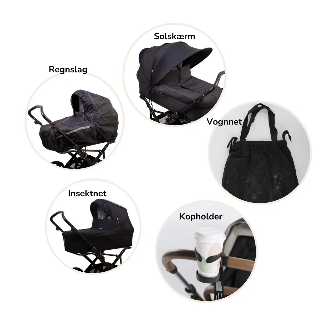 Scandia sommer tilbehørspakke til barnevogn - solskærm, kopholder, regnslag, myggenet og vognnet