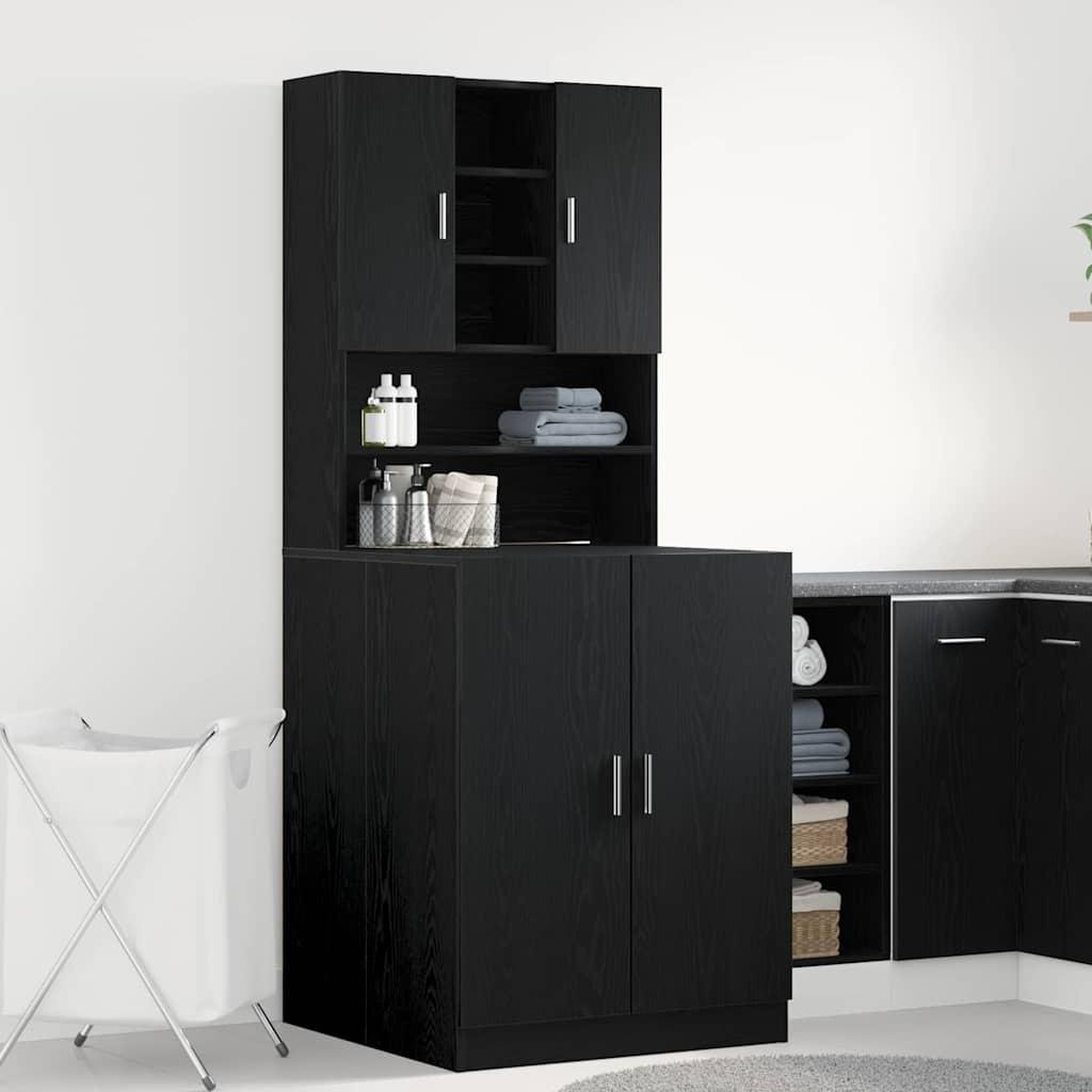 Vaskemaskine Skabe 2 stk Sort Eg 70.5x71.5x181.5 cm Konstrueret Træ, Vaskemaskine Skab - Sort Eg - 70.5x71.5x91.5 cm - Lavet af Konstrueret Træ