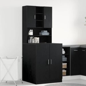 Vaskemaskine Skabe 2 stk Sort Eg 70.5x71.5x181.5 cm Konstrueret Træ, Vaskemaskine Skab - Sort Eg - 70.5x71.5x91.5 cm - Lavet af Konstrueret Træ