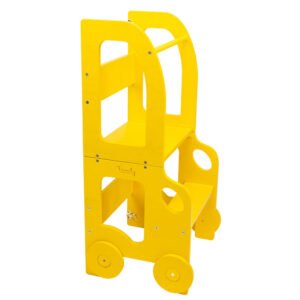 Køkkentrappe / montessori-læringstårn: bord, stol og trappe i ét til barn, gul