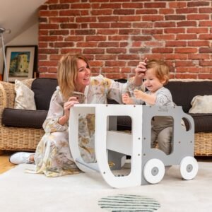 Køkkentrappe / montessori-læringstårn: bord, stol og trappe i ét til barn, hvid og grå