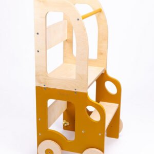 Køkkentrappe / montessori-læringstårn: bord, stol og trappe i ét til barn, safari og naturfarvet