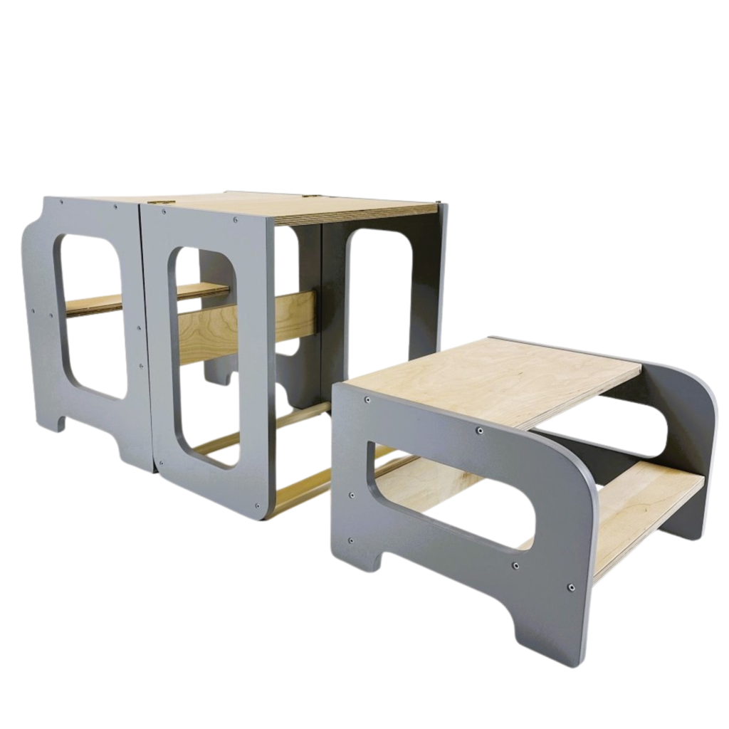 Læringstårn i træ, grå og naturfarvet