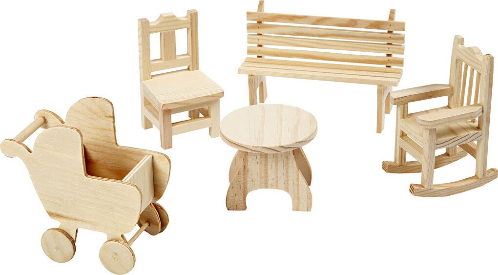 Minimøbler - Stol - Bænk - Gyngestol - Bord - Barnevogn - H 5,8-10,5 Cm - 50 Stk.