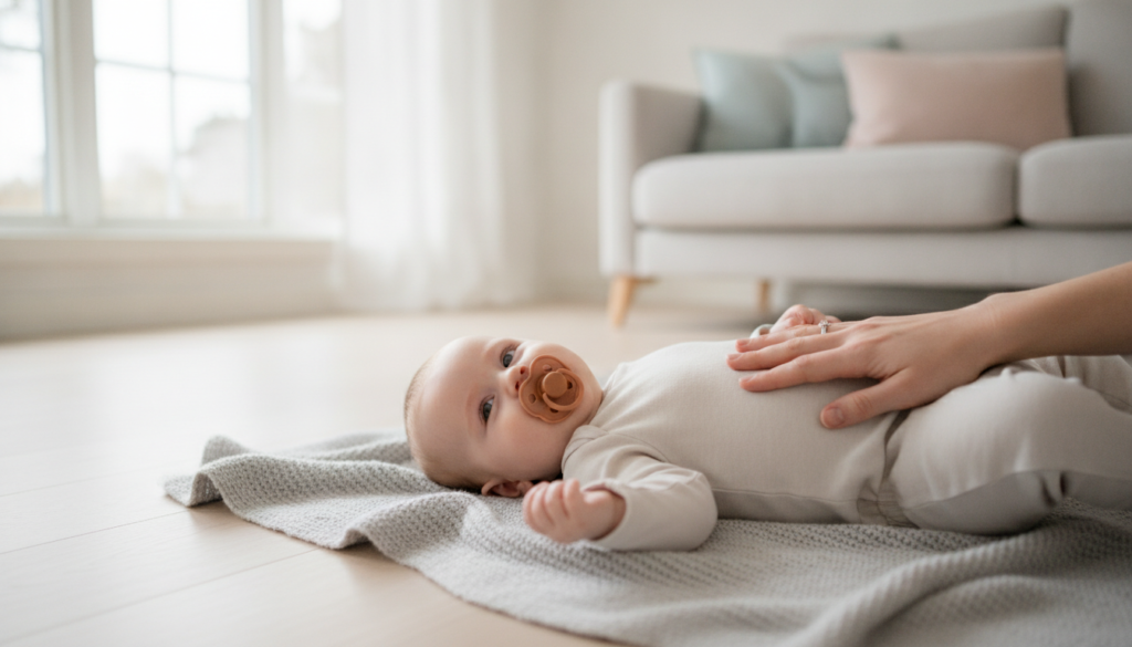Glad baby med sut ligger på et tæppe i en lys stue