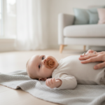 Glad baby med sut ligger på et tæppe i en lys stue