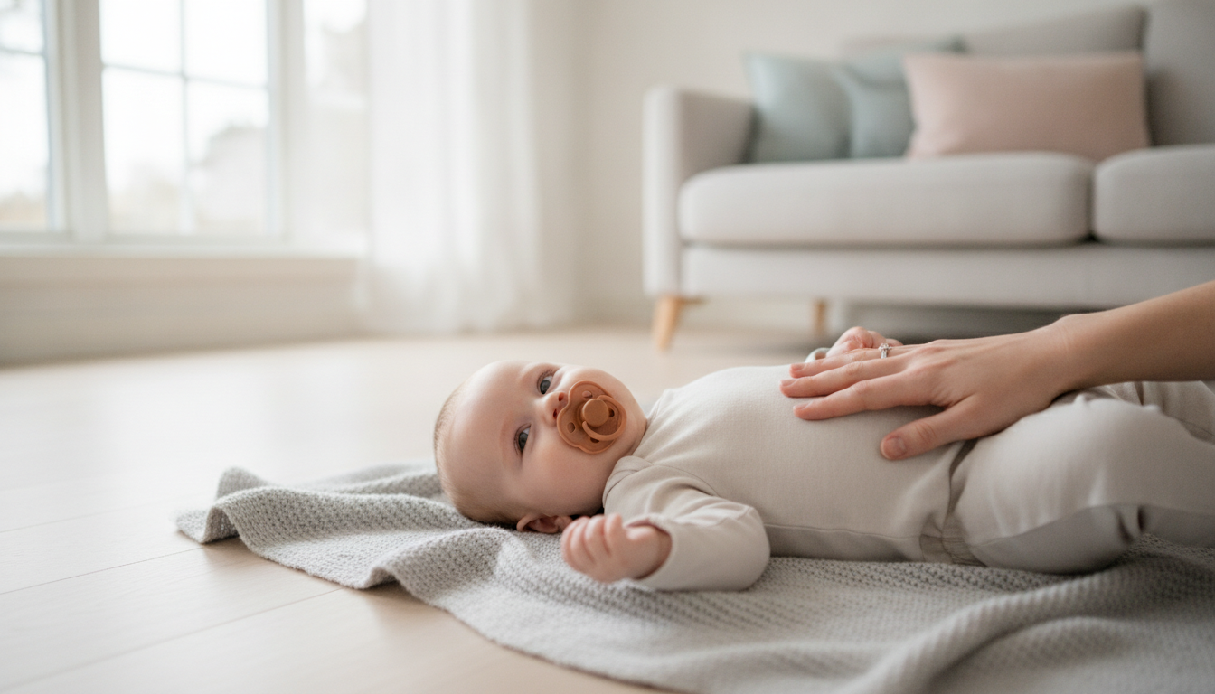 Glad baby med sut ligger på et tæppe i en lys stue